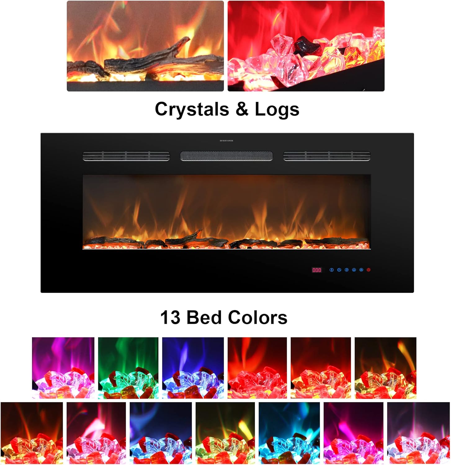 Size 30 Electric Fireplace 30 inch Wide, Wall Mounted Fireplace Inserts Electric Heater, 13 * 13 Flame Effects Like Real Flame, Low Noise, Timer & Thermostat Setting, 750W/1500W, Black